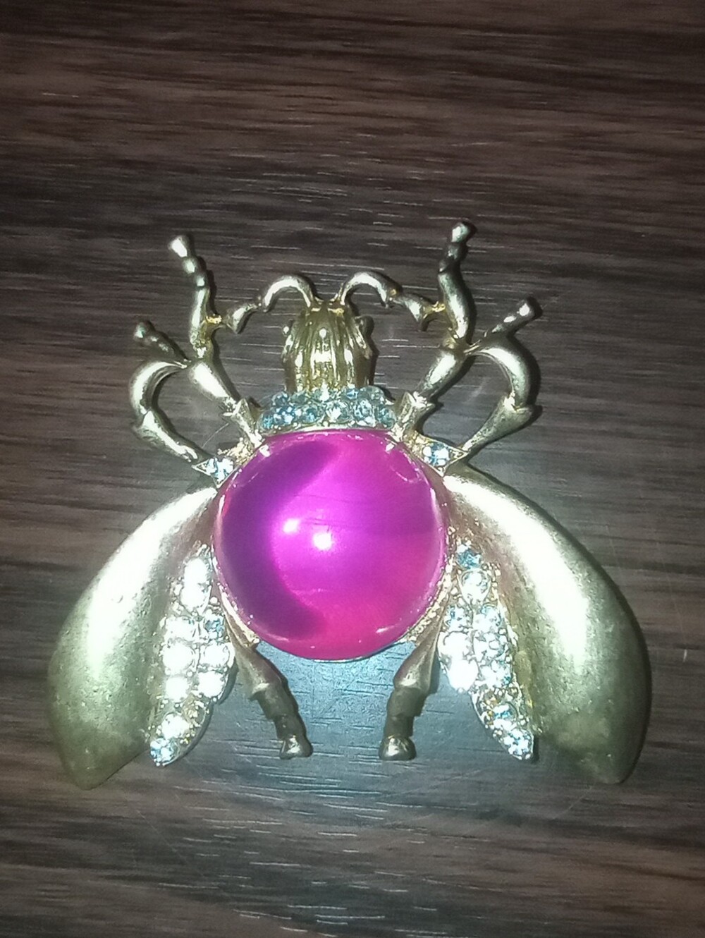 NEW Gold & Magenta Glass Insect Bug Brooch Pendant Necklace 2-in-1